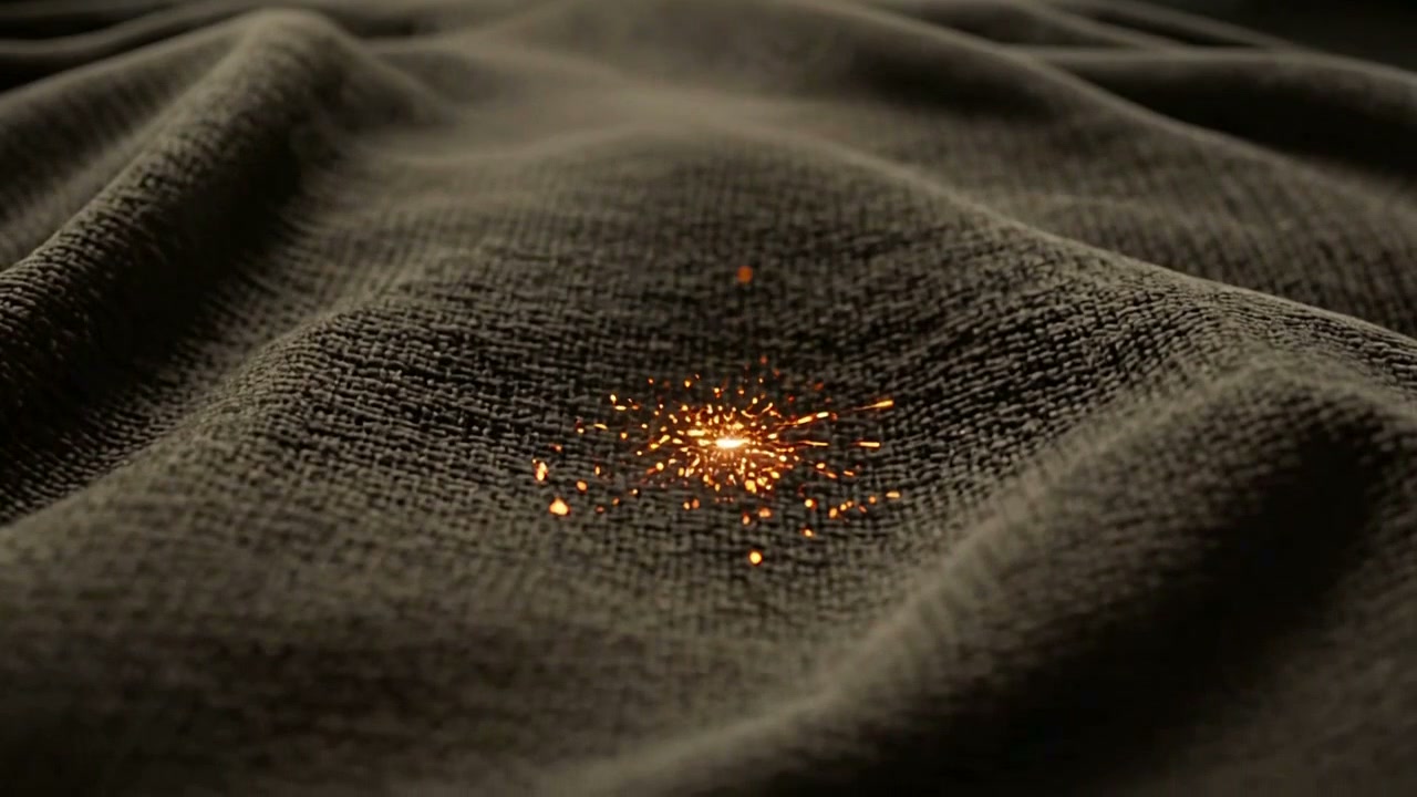 Close view of the charcoal cotton weave with an ember glowing on it